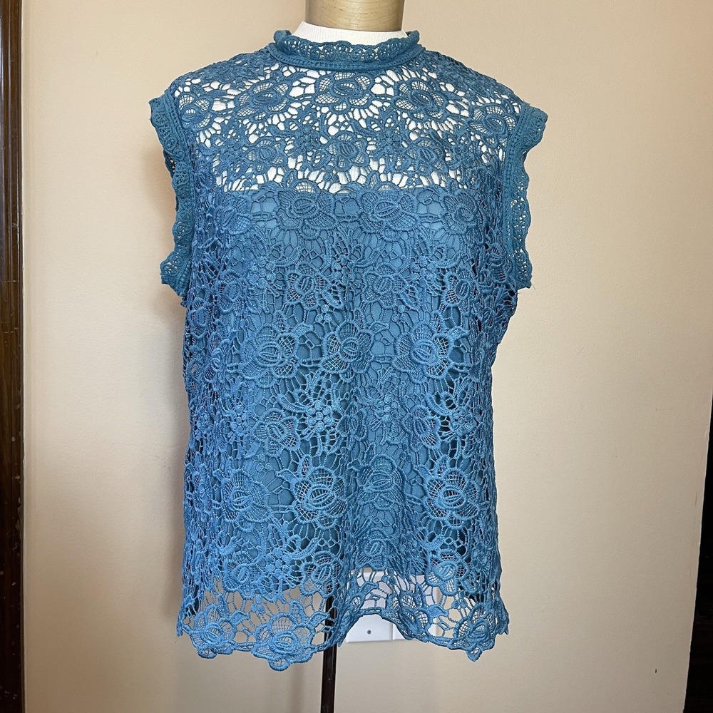 Nanette Lepore Women Large Teal Blue Mock Neck Lace Top Zip Up